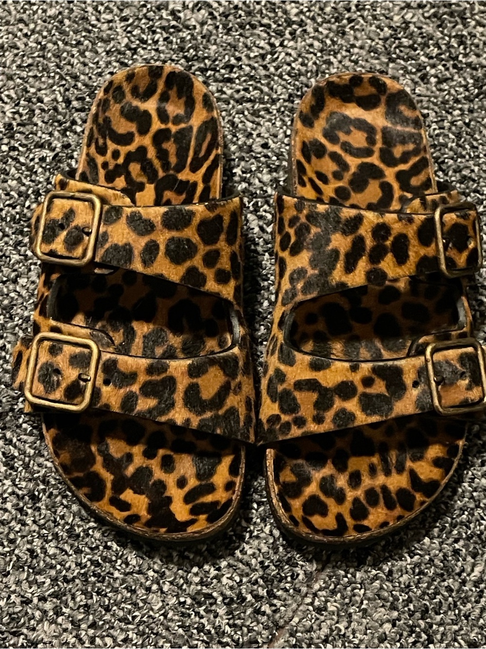 Yves Saint Laurent Leopard Haircalf Double Buckle Slide Sandals - Brown & Black